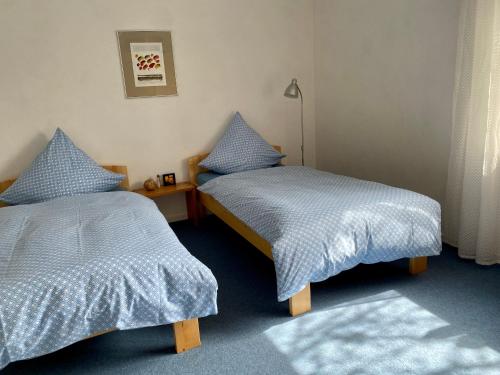 2 camas en una habitación con edredón azul en Moselglück, en Schweich