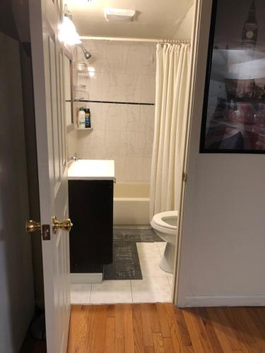 a bathroom with a white toilet and a sink at Highland Park Pittsburgh in Pittsburgh