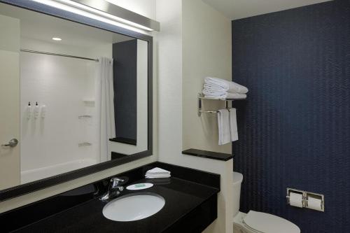 a bathroom with a sink and a toilet and a mirror at Fairfield Inn & Suites by Marriott Columbus Airport in Columbus