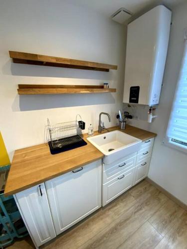 eine Küche mit einer Spüle und einer Arbeitsplatte in der Unterkunft Charmante petite maison in Les Renardières