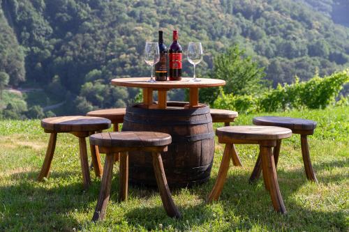 a table with two bottles and two glasses of wine at Andy's Holiday Home with HotTub & Sauna in Podbočje