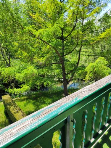 a green balcony with a view of a park at Duplex Métabief in Métabief