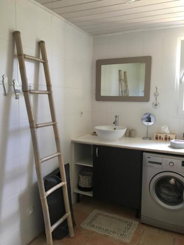 escalera en el baño con lavabo y lavadora en Le Clos des Gites, maisons de vacances, en Châteauneuf-Val-Saint-Donat