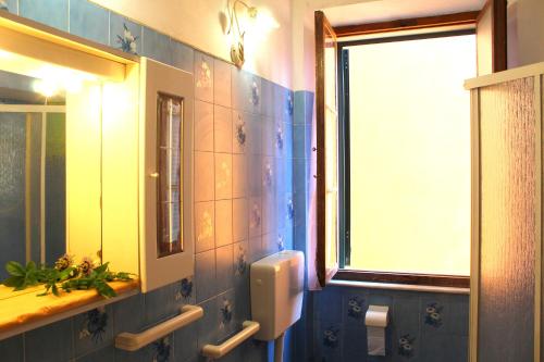 a bathroom with a urinal and a window and blue tiles at La terrazza sugli aranci in Rio Marina