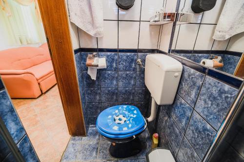 a small bathroom with a blue toilet and a chair at Holiday Home Vesna with Sauna in Brežice