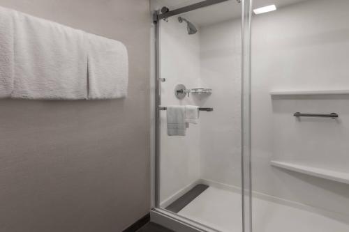 een badkamer met een douche en een glazen deur bij Courtyard by Marriott Boulder Broomfield in Louisville