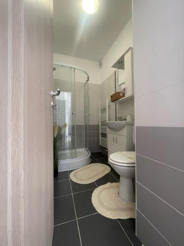 a bathroom with a toilet and a shower and a sink at West View by DAT Apartments in Cluj-Napoca