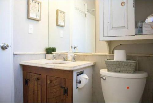 a bathroom with a sink and a toilet and a mirror at Cozy Marine Corps Home Near MCRD w/ a Beach Pass in Beaufort