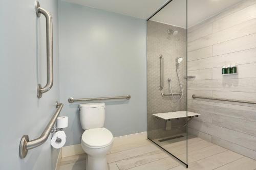 a bathroom with a toilet and a glass shower at Courtyard by Marriott Aruba Resort in Palm-Eagle Beach