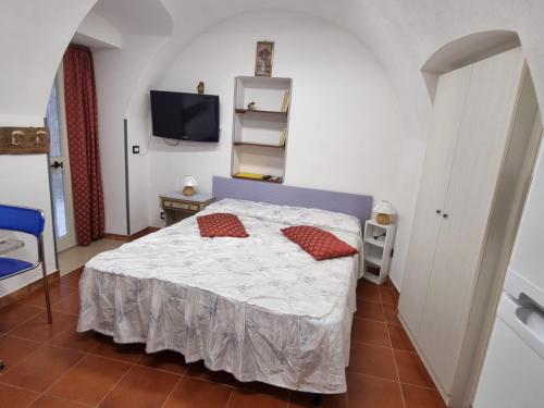 sypialnia z łóżkiem z czerwonymi poduszkami i telewizorem w obiekcie Monolocale Micarè 19 w mieście Roccella Ionica