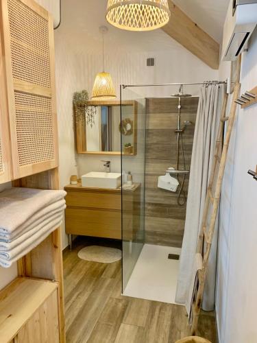 une salle de bain avec douche et lavabo dans l'établissement Maisonnette avec terrasse et jardin-Parking privé-9mn des plages à pied, à La Ciotat