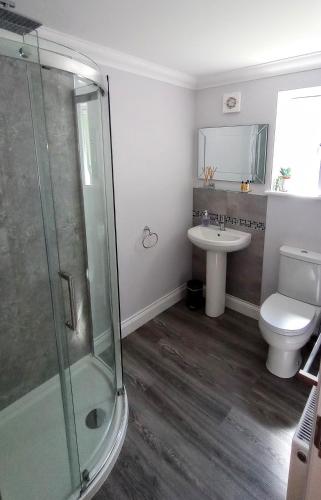 a bathroom with a shower and a toilet and a sink at Oakcroft in Sidmouth