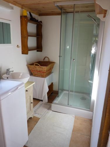 une salle de bain avec douche et lavabo dans l'établissement Gîtes à la Ferme - Hautes-Corbières, à Termes