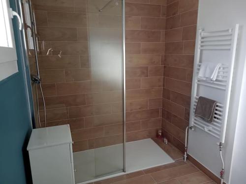 uma casa de banho com um chuveiro e uma porta de vidro em Firminy, centre-ville. em Firminy
