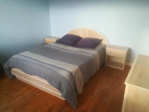 um quarto com uma cama com almofadas roxas em Firminy, centre-ville. em Firminy