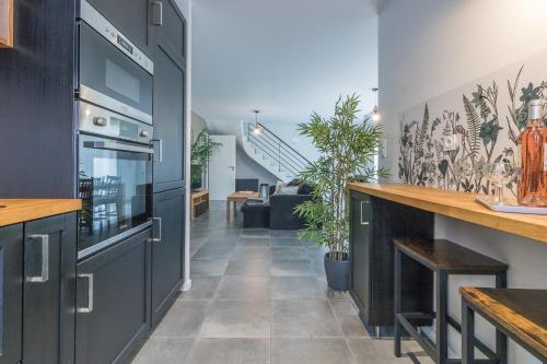 une cuisine avec des armoires noires et des plantes en pot dans l'établissement Les Villas de Castel - Villa Les Chênes, à Castelmaurou