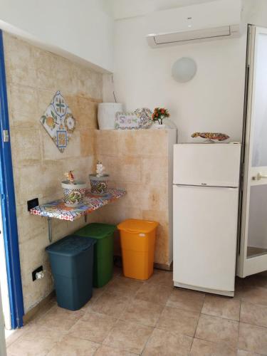 a kitchen with a refrigerator and a table and trash cans at B&B Sikelia in Terrasini