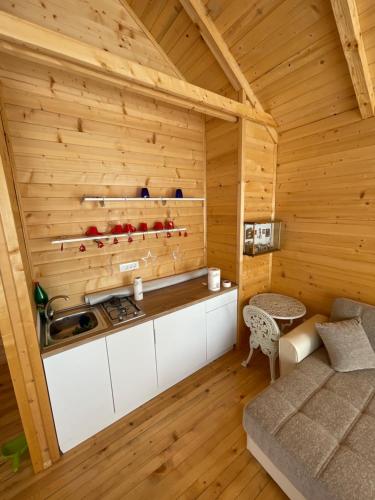 eine Küche in einem Blockhaus mit einem Sofa und einem Tisch in der Unterkunft Boljesestre Lake retreat in Golubovci