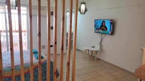 a room with a bed and a tv on a wall at PEATONAL Y SAN MARTIN MONOAMBIENTE in Mendoza