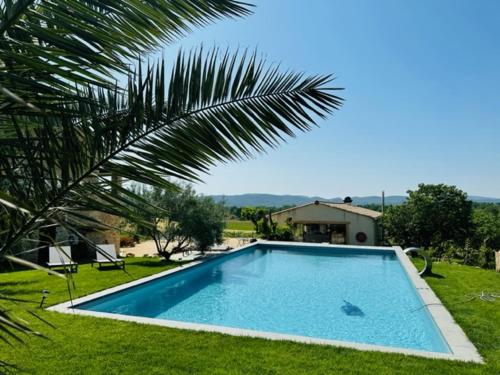 una piscina en un patio con una palmera en L'arbre qui chante, en Saint-Étienne-de-Sermantin
