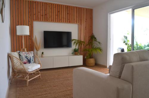 a living room with a tv and a couch and a chair at Horta la Vita in Horta