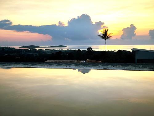 a reflection of a palm tree in the water at sunset at Villa Gratia Alba in Amphoe Koh Samui