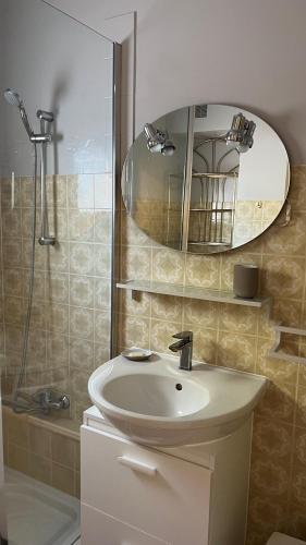 une salle de bain avec un lavabo et une douche avec un miroir dans l'établissement LA CASA GIL, à Ajaccio