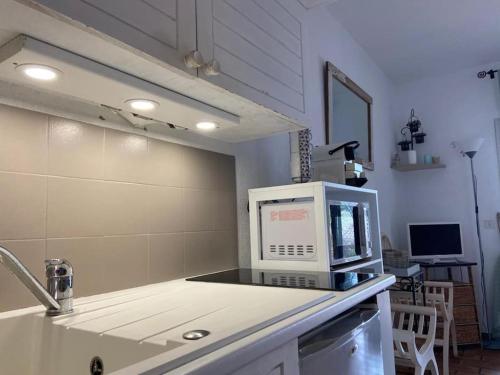 - un four micro-ondes installé sur un comptoir dans la cuisine dans l'établissement Joli studio Sainte Maxime, à Sainte-Maxime