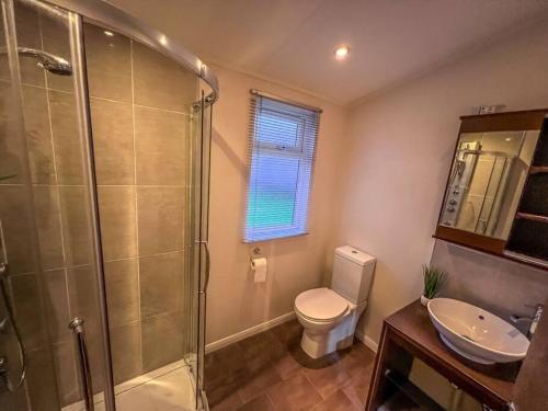 een badkamer met een douche, een toilet en een wastafel bij Lakeside View in Wisbech