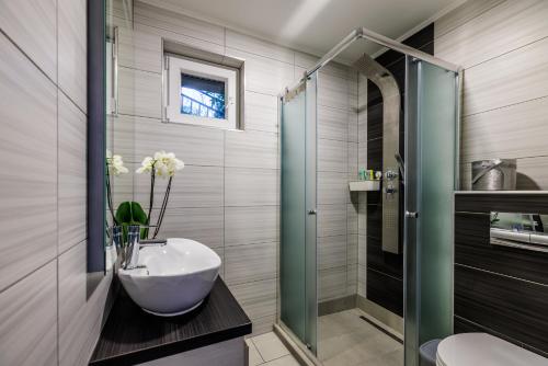 バラトンケネシェにあるOrchidea Apartmanのバスルーム(洗面台、ガラス張りのシャワー付)