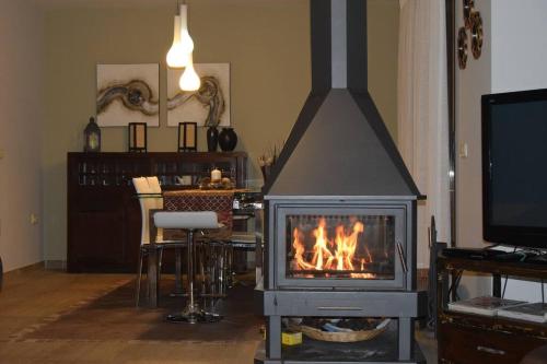 sala de estar con chimenea y TV en Casa con jardín en Rascafría en Rascafría