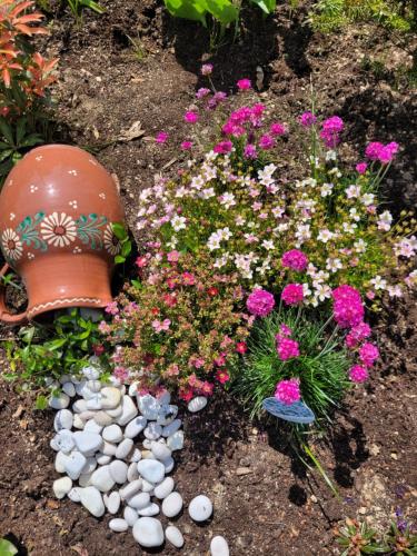 a garden with rocks and flowers in the dirt at Apartament Nina in Jelenia Góra