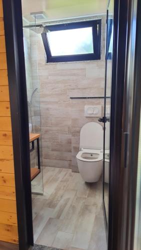 łazienka z toaletą i oknem w obiekcie Room with private garden w Szkodrze