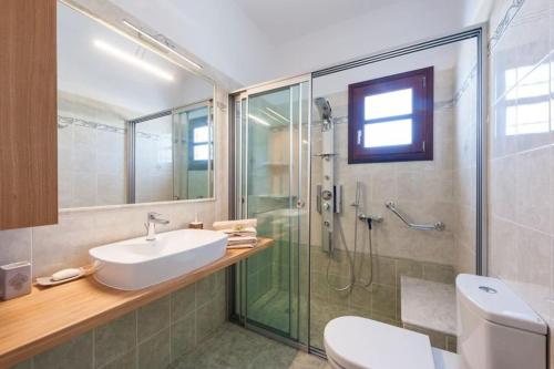 a bathroom with a sink and a shower and a toilet at Dream Inn Paros, private pool in Sarakíniko