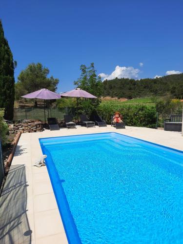 une piscine bleue avec des chaises et des parasols dans l'établissement Gite Charlrose at La Platriere, à Cazedarnes