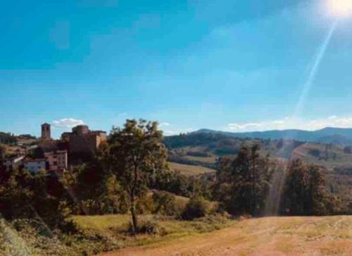 een uitzicht op een heuvel met een huis in de verte bij Grazioso appartamento -14 km dalla FERRARI in Serramazzoni