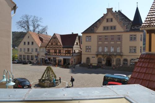a town square with a christmas tree and buildings at Hotel Wehlener Hof in Stadt Wehlen