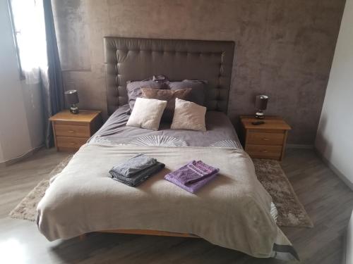um quarto com uma cama grande com duas almofadas em Maison proche embrun em Baratier