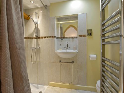 ein Bad mit einem Waschbecken und einer Dusche mit einem Spiegel in der Unterkunft The Linney in Bideford
