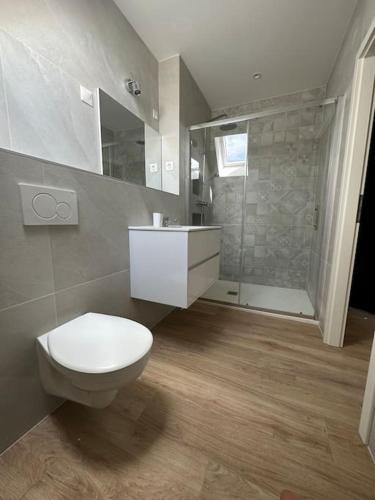 une salle de bain avec des toilettes blanches et une douche dans l'établissement Bel appartement cosy proche de la frontière Suisse, à Villers-le-Lac