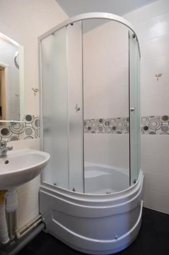 ein Bad mit einer Dusche und einem Waschbecken in der Unterkunft Smart in Kharkov