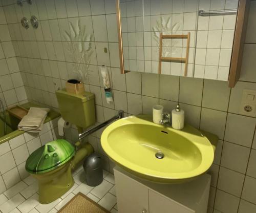a bathroom with a yellow sink and a toilet at Haus Wiesengrund in Winterberg