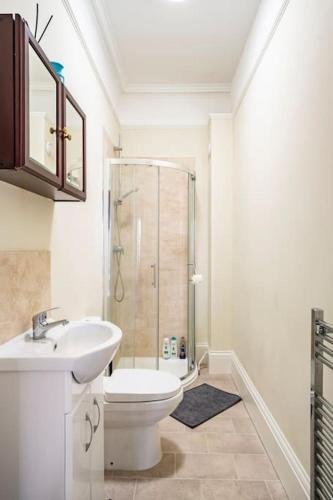 a bathroom with a toilet and a sink and a shower at Perfect Family & Friends Home, Free Parking Security Onsite in Reading