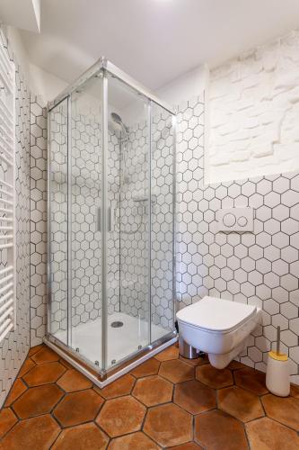 a shower stall in a bathroom with a toilet at Apartments No 126 Loket in Loket