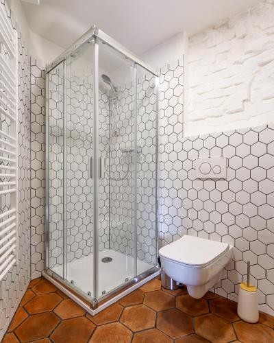 a bathroom with a shower and a toilet at Apartments No 126 Loket in Loket