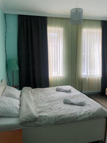 a bed with two pillows on it in a bedroom at DreamLand Lagodekhi & Wine Cellar in Lagodekhi