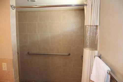 a shower in a bathroom with a shower curtain at Travelodge by Wyndham Blythe in Blythe