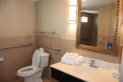 a bathroom with a toilet and a sink and a mirror at Travelodge by Wyndham Blythe in Blythe