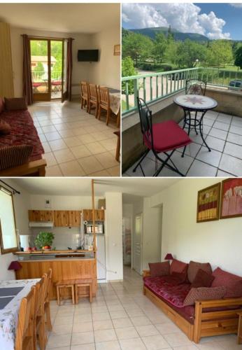 two pictures of a living room and a kitchen and a balcony at Hameau des Sources, Fontaine de la Justice in Montbrun-les-Bains