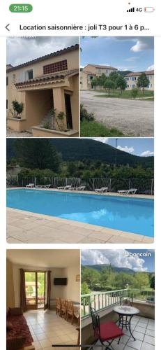 a collage of photos of a house and a pool at Hameau des Sources, Fontaine de la Justice in Montbrun-les-Bains